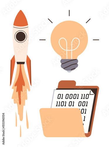 Rocket launching upward, lightbulb glowing with ideas, folder holding binary code. Ideal for innovation, creativity, technology, startup growth, problem-solving, digital transformation futuristic