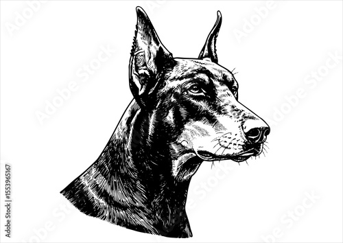 doberman dog pet portrait engraving intricate retro hand drawn style line art black and white vector illustration, isolated on white background
