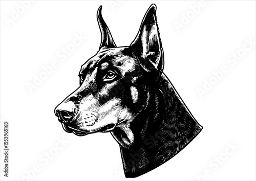 doberman dog pet portrait engraving intricate retro hand drawn style line art black and white vector illustration, isolated on white background
