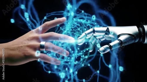 Human and Robot Hands Connecting with Digital Neural Network. AI, Future Technology, and Digital Collaboration Concept.