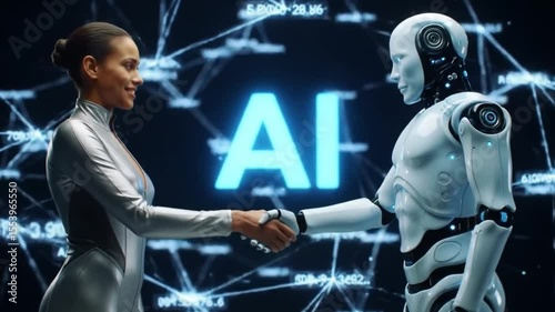 Human and AI Robot Handshake: Symbol of Future Technology and Collaboration