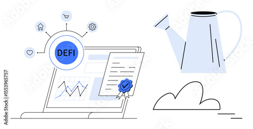 Laptop displaying graphs, verified digital certificate, DEFI network icons, watering can, and cloud. Ideal for finance, blockchain, data security, innovation growth sustainability investment