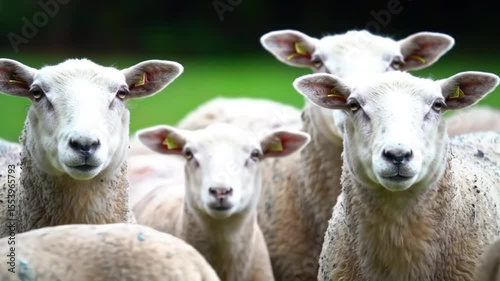 Close-up of a Group of White Sheep with Ear Tags Looking Directly at the Camera in a Green Field