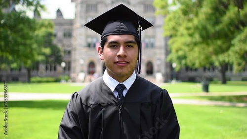 Proud male graduate in cap and gown on university campus, celebrating academic achievement and future success.
