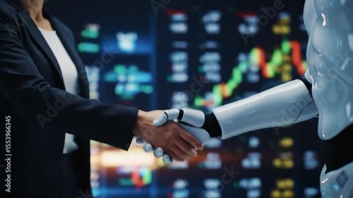 AI Integration in Business: Human and Robot Handshake with Financial Data Background