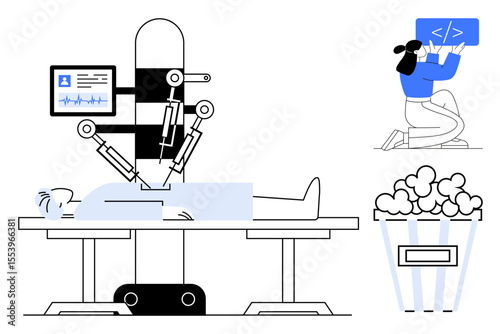 Robotic system performing surgery on patient, person coding on screen, popcorn box. Ideal for technology, science, medicine, artificial intelligence, coding, automation entertainment simple landing