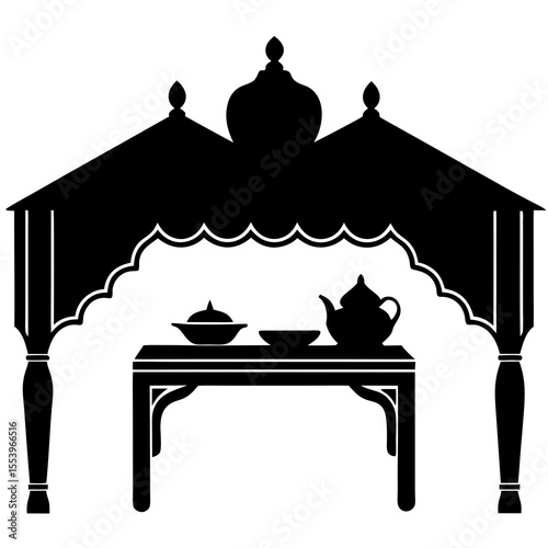 Traditional Tea House Silhouette Vector: Asian Tea Ceremony Design, Culture Symbol, Black and White Graphic, Royalty-Free Illustration for Cultural and Food Projects