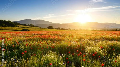 Sunset wildflowers bloom in mountain valley field