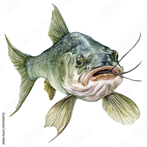Catfish With Barbels Close Up, watercolor clipart vector, isolated on a white background.