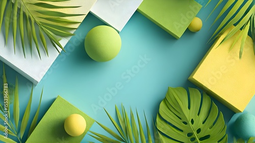 Minimalist Tropical Green and Blue 3D Composition Featuring Geometric Shapes and Leaves on a Fresh Summer Background.