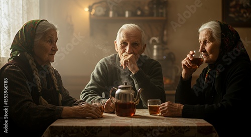 Three elderly friends share a warm moment over tea, their faces etched with stories of a life well-lived.