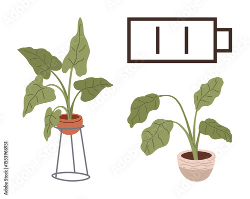 Two leafy potted plants, one with a stand, next to a low battery indicator. Ideal for sustainability, energy, growth, minimalism, balance nature decor. A simple flat metaphor