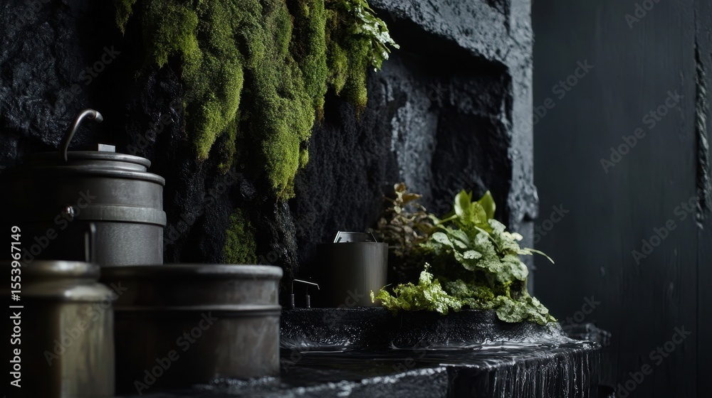 Obraz premium Dark, moody interior design with foliage and containers.