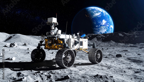 Lunar rover on moon surface, Earth in background
