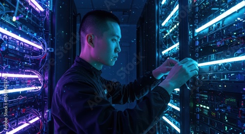 A man working on servers in a data center, surrounded by glowing blue and purple lights.