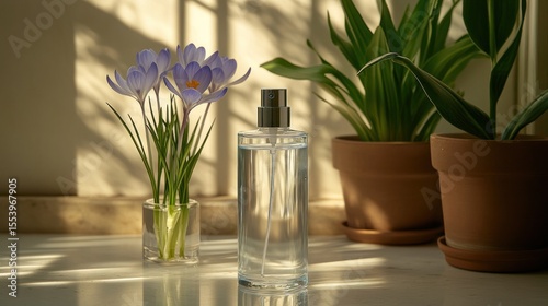 Sunlight illuminates crocus flowers, a transparent spray bottle, and potted plants on a marble surface.