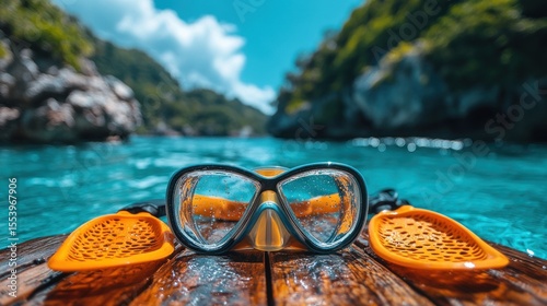 Snorkeling gear on wooden surface in tropical water.