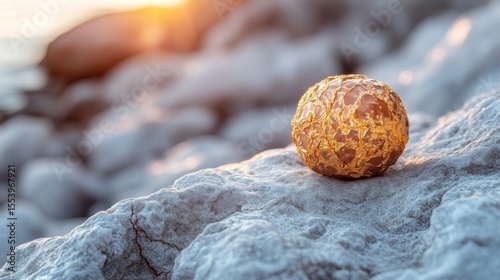 Golden sphere rests on grey rocks at sunset.