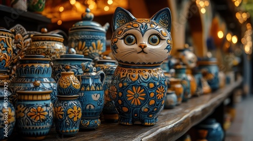 Colorful ceramic cat figurine among pottery.