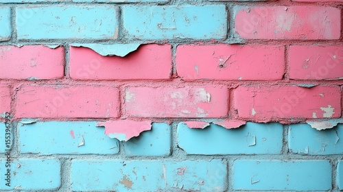Pink and blue painted brick wall texture with peeling paint.