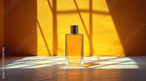 Amber perfume bottle in sunlight on marble surface against yellow wall.