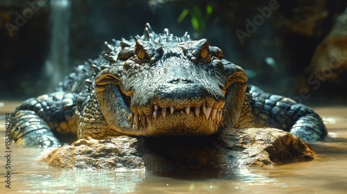 Close-up of an alligator resting on a rock in murky water.