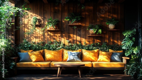 Sunlit wooden patio with yellow cushions, plants, and wooden shelves.