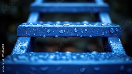 Close-up of rain droplets on blue wooden chair rung.