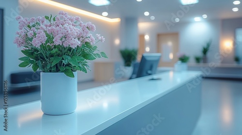 Pink flowers in modern office reception.