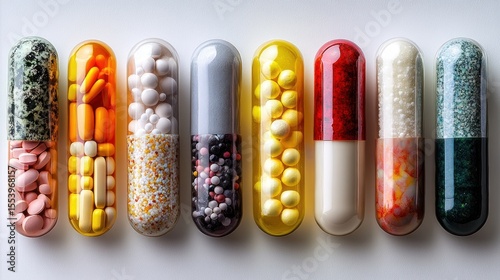Eight transparent capsules filled with various colorful pills and powders on white background.