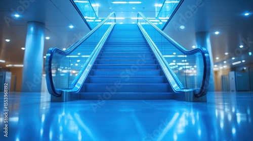 Modern blue escalator in a bright, spacious interior.