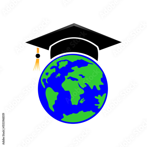 Education for studying in the world. Graduate students studying abroad, international ideas. Master degree above world books. Graduate education concept for distance learning anywhere. Vector illustra