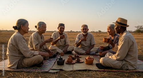 Golden Hour Gathering: Elders Share Tea in Serene Field