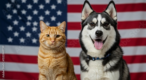 Orange Tabby Cat and Husky Dog Posed in Front of American Flag in Studio with Red White and Blue Background