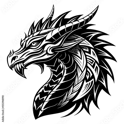 A powerful black and white illustration of a dragon's head, featuring intricate scales and sharp details, conveying a fierce and mystical presence.