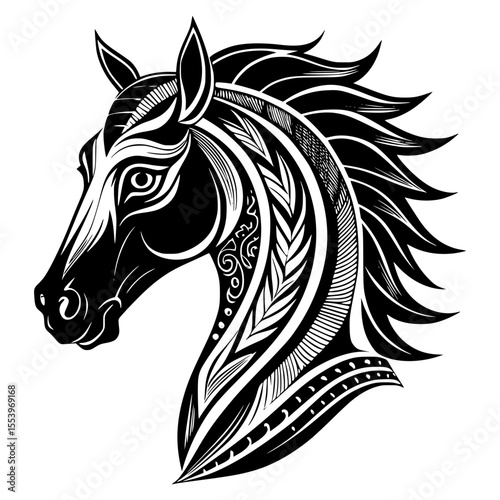 A regal black and white illustration of a horse's head and neck, adorned with intricate tribal patterns, conveying strength, freedom, and artistic elegance.