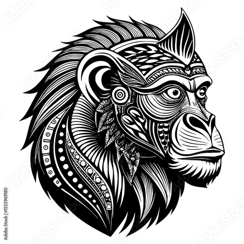 A bold black and white illustration of a monkey's head, adorned with intricate tribal patterns and elaborate markings, conveying a powerful and artistic presence.