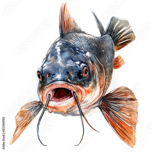 Catfish With Barbels Close Up, watercolor vector, isolated on a white background.