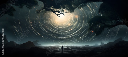 pop surreal unreal silhouettes spiral towards banyan god, ai generatif