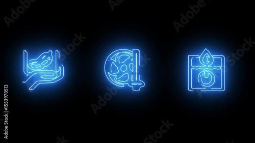 Neon data analytics icons with bar chart, pie graph and digital dashboard visuals