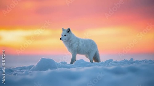 Arctic fox standing on snow with a colorful sunset sky in the background landscape scene view video