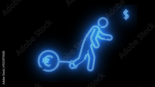 Man running chained to weight ball glowing in blue hologram style