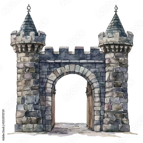 Castle Gates, watercolor illustration vector, isolated on a white background.