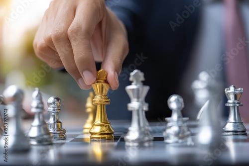 Businessman is moving a golden chess piece on a board game with a business plan strategy and communication concept