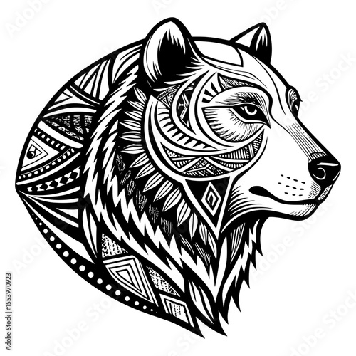 A stunning black and white illustration of a bear's head, intricately detailed with tribal patterns, showcasing strength and a wild spirit.