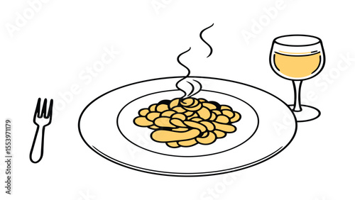 Delicious Food Illustration Steaming Dish with Wine