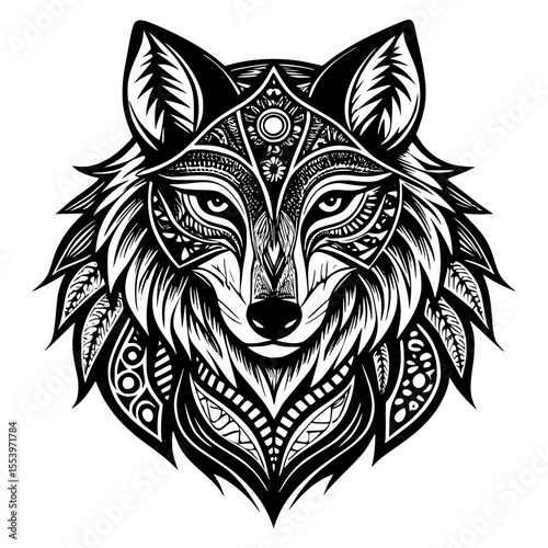 A captivating black and white illustration of a wolf's head, adorned with intricate tribal patterns, reflecting its wild spirit and intelligence.