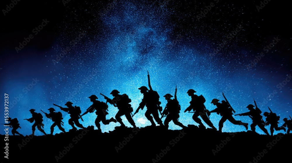 Naklejka premium Silhouette of soldiers marching at night under starry sky.