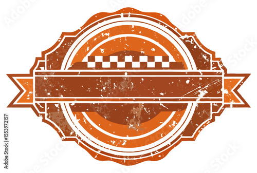 
A rustic, grunge-style badge in shades of orange and brown, featuring a checkered pattern and a central banner, ideal for vintage or retro branding.