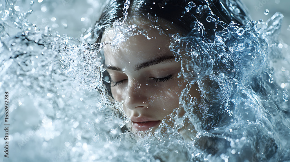 Obraz premium Futuristic Glass and Water Molecular Designs: A Conceptual Exploration of Advanced Skincare and Cosmetic Innovation, Blending Organic Patterns, Bioluminescence, and Minimalist 3D Aesthetics